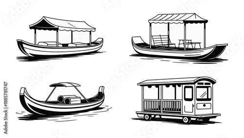 Variety of Boats Illustration: Four different types of boats illustrated in a minimalistic style with focus on architectural elements.
