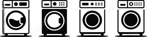 Washing machine and dryer icons set in black and white silhouette style, front loading laundry appliances, home appliance illustration collection