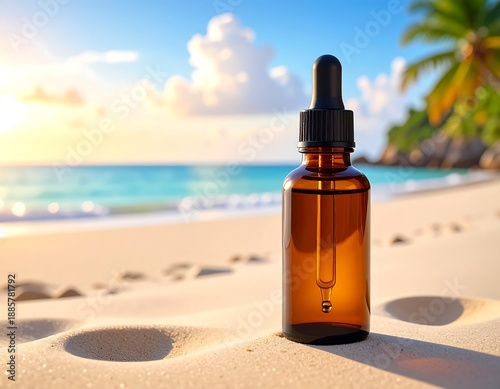 Amber Glass Dropper Bottle on Sandy Beach.
