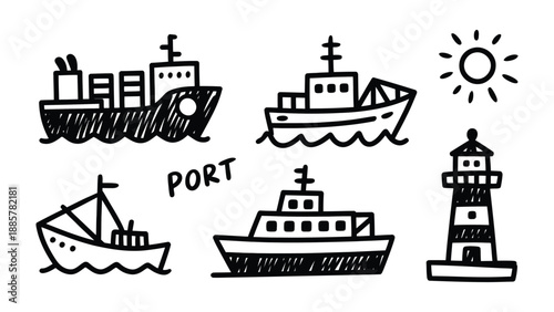 Harbor's Delight: A hand-drawn illustration showcases a collection of ships, a lighthouse, and a radiant sun, all set against a clean, uncluttered background