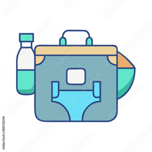 Modern baby diaper bag flat icon illustration with bottle and blanket isolated