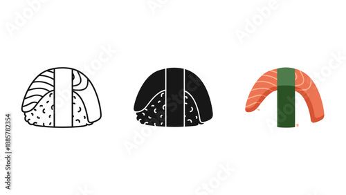 Sushi pieces with different fillings and toppings on white background