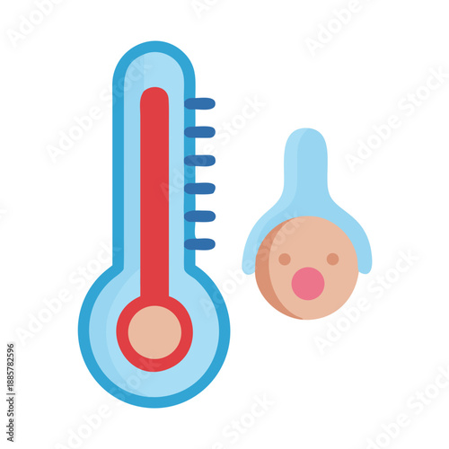Flat vector illustration of thermometer and baby with a blue bonnet on a black background
