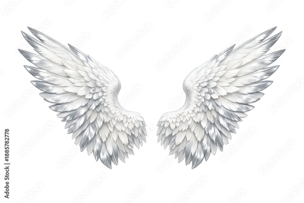 Fototapeta premium Pair of white angel wings with delicate feathers, symbolizing divinity, freedom, and spirituality, transparent background