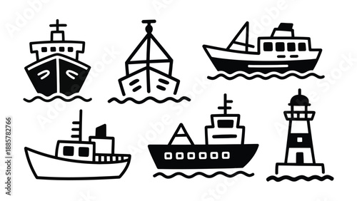 Maritime Voyage: An array of stylized boats and a lighthouse, sailing across an artistic seascape. Capturing the simplicity of nautical charm