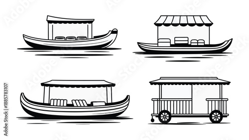  Floating Market Boats Illustration: A delightful collection of hand-drawn illustrations showcasing a variety of traditional boats used in a bustling floating market, ready for your creative projects.