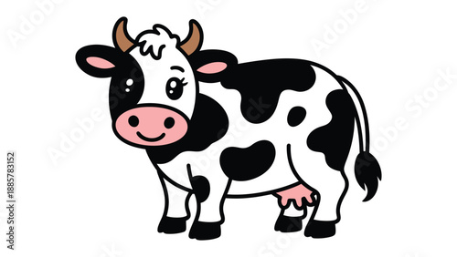 Charming Dairy Cow Illustration: A delightful illustration of a dairy cow with a distinctive black and white pattern, a friendly smile, and prominent horns. A symbol of agriculture.