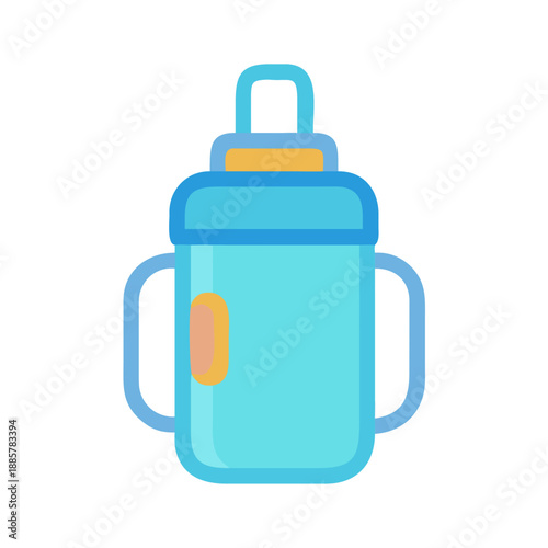 Cartoon baby bottle illustration against black background, featuring blue and yellow accents