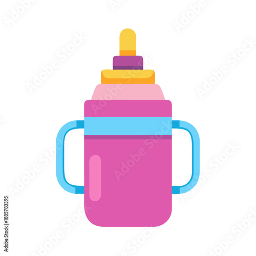 Pink baby sippy cup with handles on a clean black background