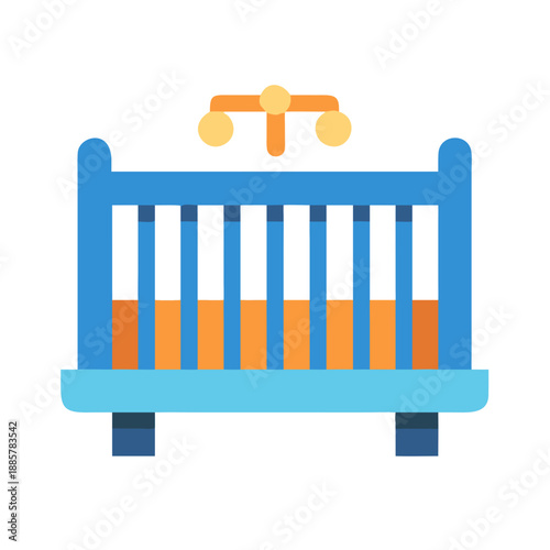 Stylized baby crib illustration with simple geometric shapes on black background