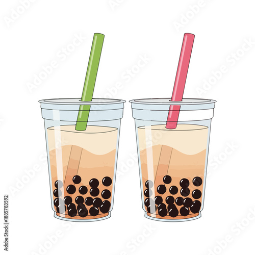 Two Cups of Bubble Tea Milk Drink Vector Illustration