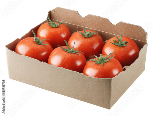 Fresh red tomatoes presented in a brown cardboard box, ready for sale. The tomatoes appear ripe and juicy Isolated Transparent Background, PNG