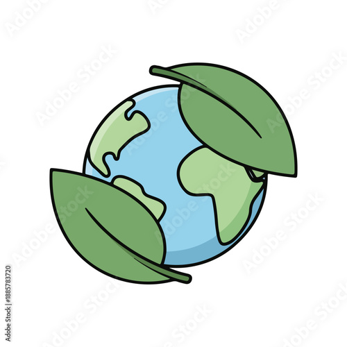Eco-friendly Earth globe icon with green leaves protecting the planet