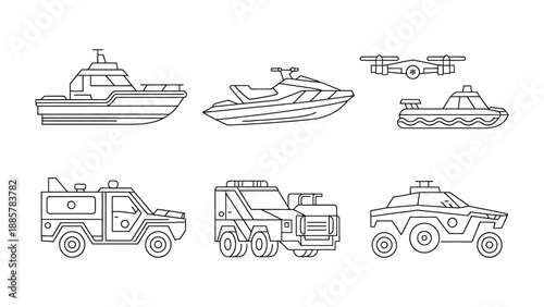 Vehicle Variety in Black and White: A collection of various vehicles, including a boat, jet ski, drone, armored vehicle, tow truck, and all-terrain vehicle, is presented in a monochromatic style.