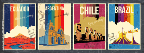 Equador, Argentina, Chile,  Brazil Main South American Attractions Postcard Set. Retro Posters Style Illustrations. 1970s - 1980s Color Lines, Grunge Texture Frame