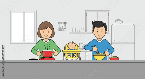 Happy Family Enjoying Meal Preparation Together In A Modern Kitchen Scene With A Baby Sitting In A High Chair Cooking Activity