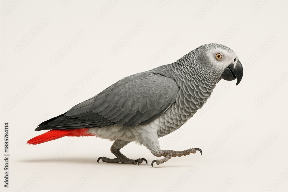 Fototapeta premium An African grey parrot (jacko) with grey plumage and a bright red tail stands on a white background, emphasizing its exotic beauty and intelligent expression.