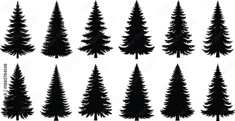 Obraz premium Black Pine Tree Silhouettes Set with Various Spruce Fir and Cedar Evergreen Profiles Isolated on White Background for Christmas Nature Forest Vector Graphic Design