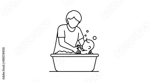 Parent carefully bathing a young child in a wash basin with bubbles during a hygiene routine at home