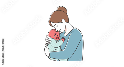 Gentle embrace of a caring mother cradling an upset infant child during a tender moment of comfort and quiet solace on a white background