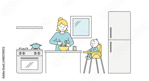 Mother preparing food in kitchen next to baby in high chair domestic scene cooking healthy meal family activity at home learning about nutrition