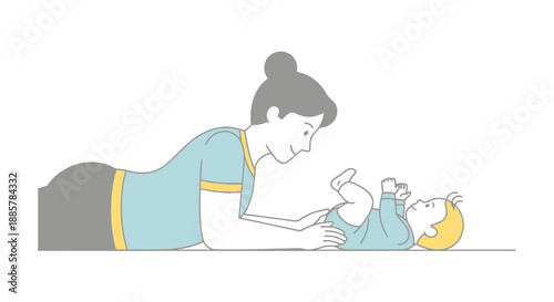 Young mother lovingly interacts with her infant child during leisure time together on the floor indoors domestic scene relationship bonding