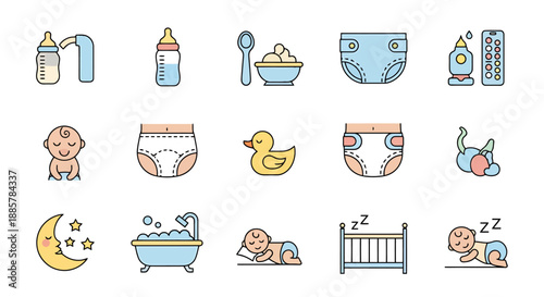 Collection of Baby Care Essentials And Newborn Hygiene Products For Nursery And Infant Needs Represented With Simple Line Art Icons