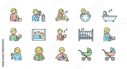 Parental Care And Nurturing Activities For Newborn Infant Development And Bonding Collection Of Simple Icons Representing Daily Routines And Maternal