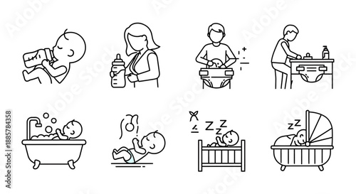 Newborn Care Activities Icons Set Representing Feeding Bathing Changing and Sleeping Newborn Baby Daily Routine Pictograms Concept