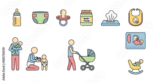 Collection of Symbols Representing Newborn Care Essentials and Parental Activities for Infant Safety and Comfort