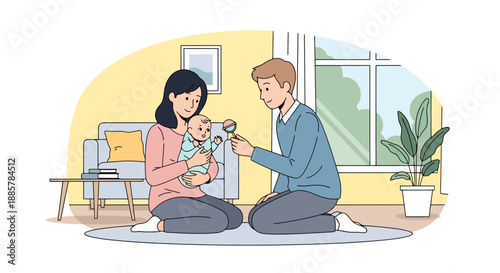 Happy family with newborn baby enjoying playtime at home in cozy living room learning and development concept