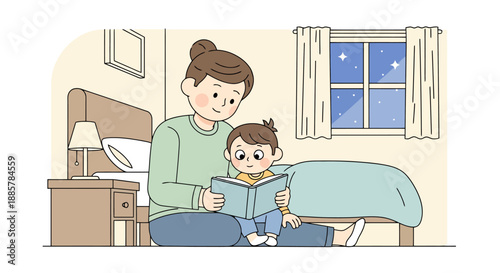 Parent reading a bedtime story to a child in a bedroom at night with stars visible through the window creating a warm and cozy atmosphere for family
