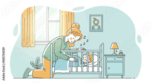 Mother Tucks Sleeping Infant Into Crib Gentle Parent Care Peaceful Nursery Scene Tender Evening Routine Calm Domestic Moment Cozy Bedroom Love