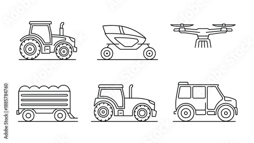 Farm Vehicles: A collection of various farm vehicles are presented in a simple, line-art style, showcasing diverse elements of modern farming.
