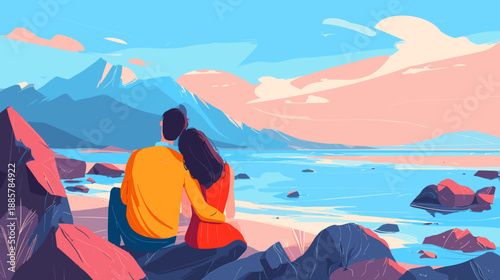 young couple sitting on the beach 