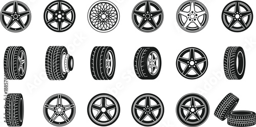Black Car Tire and Alloy Wheel Rim Silhouettes Set with Various Automotive Wheel Designs and Rubber Tyre Profiles Isolated on White Background for Vehicle Vector