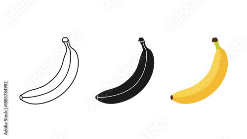 Three bananas in line drawing black and yellow color stages