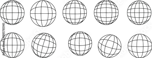 Wireframe globes in various rotations on white background