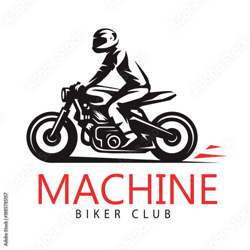 Stylized silhouette of a biker aggressively riding a cafe racer motorcycle as part of a distinctive graphic logo design for a motorcycle club named machine biker club