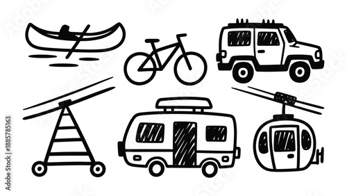 Adventure Icons: A collection of hand-drawn icons of adventure-related vehicles, evoking a sense of exploration and the thrill of journey. 