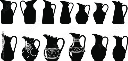 Black Ceramic Jug Silhouettes Set with Various Decorative Pitcher Icons Antique Pottery Profiles and Kitchenware Water Carafe Symbols Isolated on White Background for Vector Design