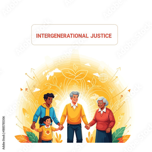 Intergenerational Justice Celebrating World Social Justice Day with a Diverse Family Holding Hands in a Vibrant Globe Illustration