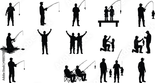 Black Fisherman Silhouettes Set with Professional Anglers Casting Reels Catching Fish and Family Fishing Activities Isolated on White Background for Outdoor Sporting Vector Graphic Design