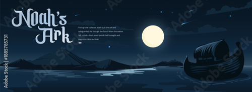 Noah's Ark sailing in the ocean under the night sky and stars vector illustration for banner and design needs