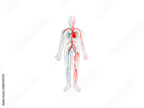 Detailed human circulatory system vector illustration showing heart arteries veins cardiovascular anatomy, educational biology medical design for healthcare and science concept artwork