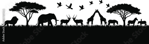 African savannah wildlife silhouettes with trees and grass  various animals in natural setting