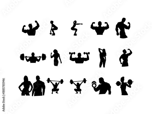 Collection of black silhouette illustrations of men and women performing different fitness exercises, gym workout poses, strength training, aerobics, bodybuilding, health and sport concepts