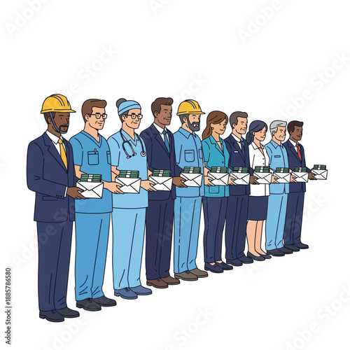 World Social Justice Day Diverse professionals receiving equitable compensation symbolize the global call for fair wages and economic justice, advocating for an inclusive society