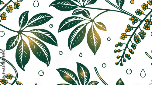 Botanical illustration featuring vibrant green leaves yellow flowers and water droplets creating a fresh natural and serene atmosphere