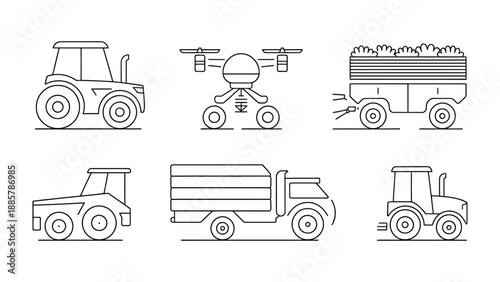 Agricultural Machinery Icons: Collection of agriculture related machineries, meticulously crafted in a modern and streamlined style.